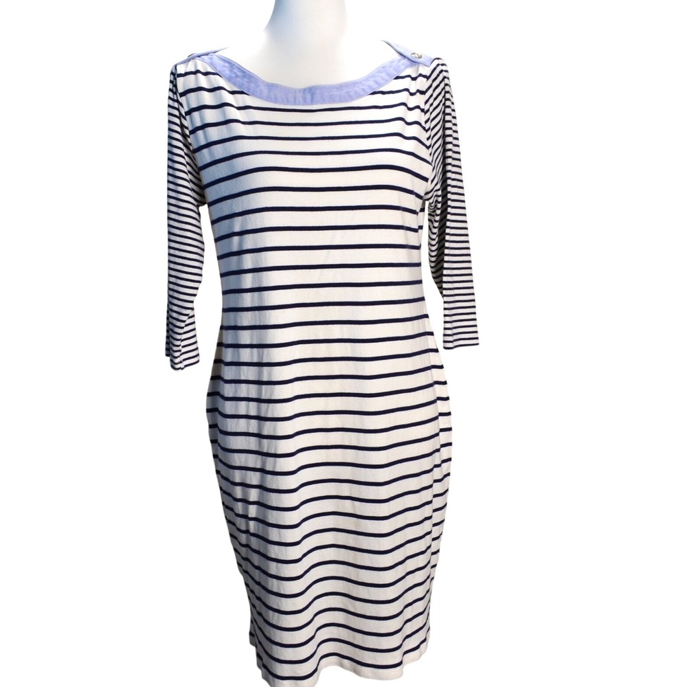 Tommy Hilfiger Striped Boat Neck Dress Womens Large White Navy Nautical Knit